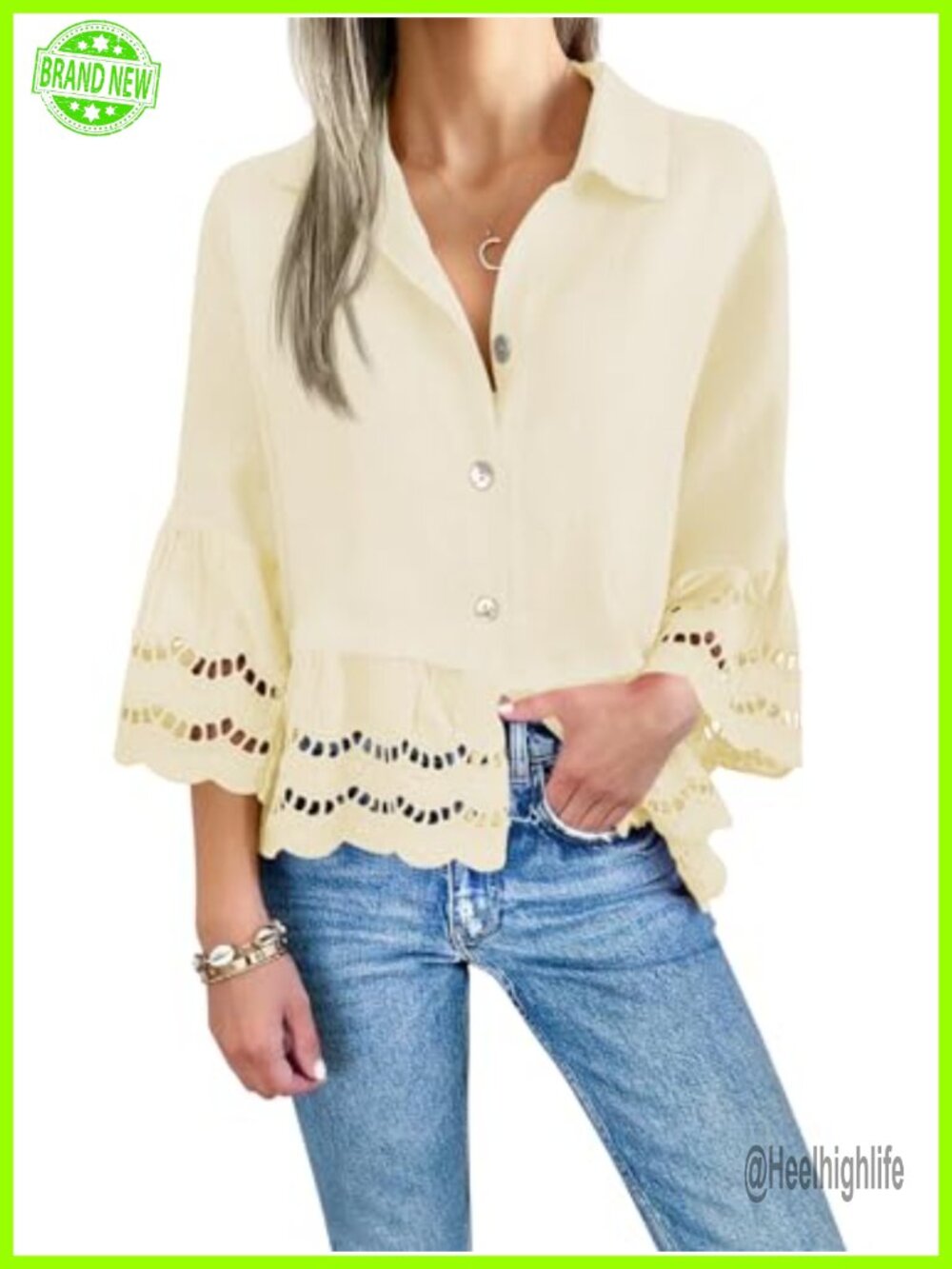 Womens 3/4 Bell Sleeve Button Down Eyelet Blouse Casual Loose Fit Top